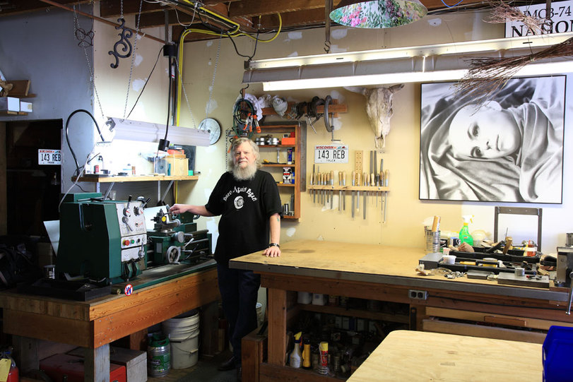 Christiansen at his lathe in his Maplewood, WI, machine shop.